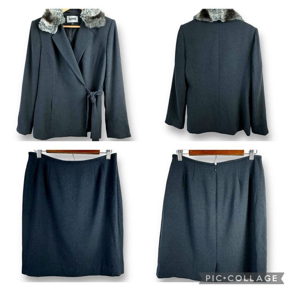 Kasper 10 Skirt Suit Set Charcoal Gray Wrap Front Fur Trim Jacket & Pencil Skirt